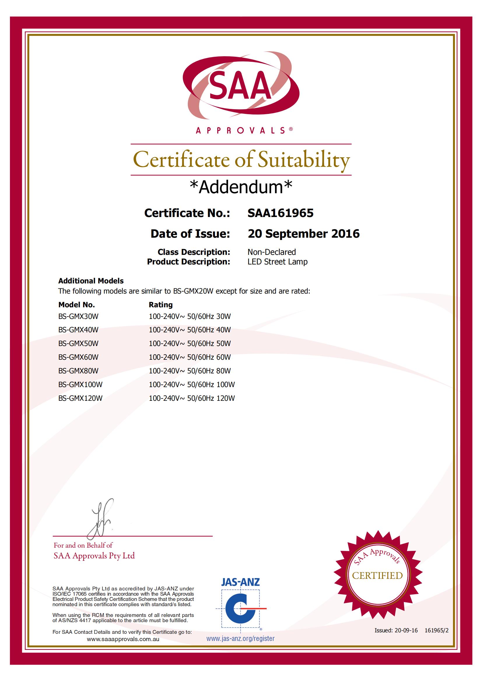 LED street light SAA certificate